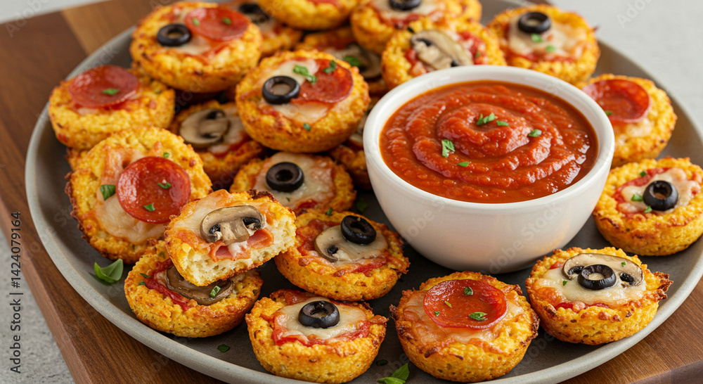 Appetizing variety of miniature pizzas with vibrant tomato sauce, a tempting delight Appetizing variety of miniature pizzas with vibrant tomato sauce, a tempting delight
