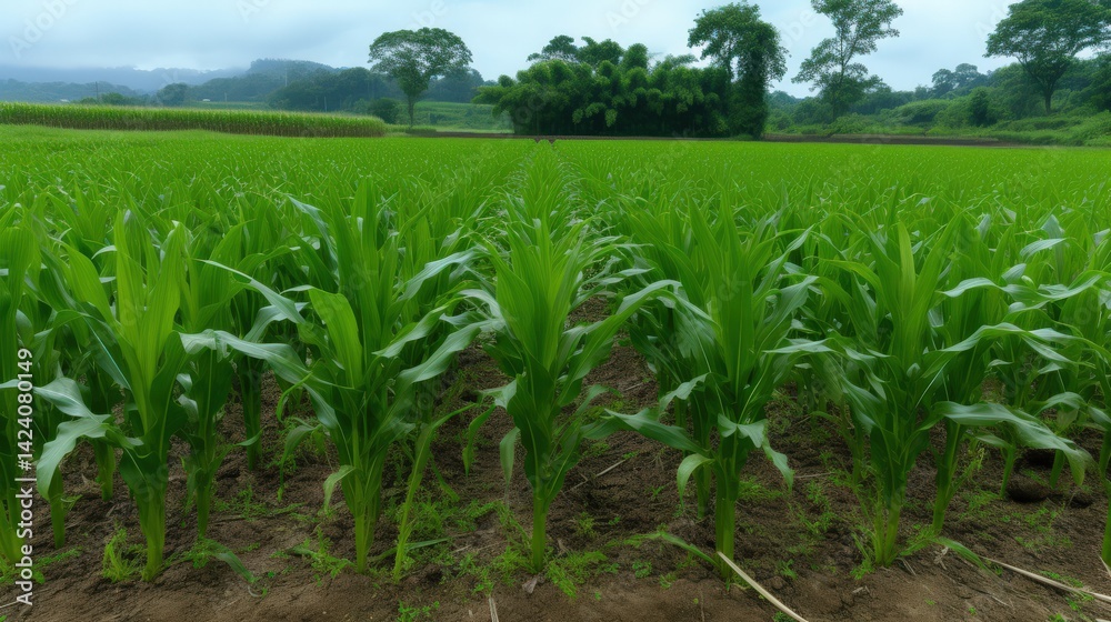 Lush green corn fields with vibrant foliage and natural landscape Lush green corn fields with vibrant foliage and natural landscape