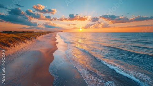 Golden Horizon: A scenic view of the beach during a colorful sunset or sunrise