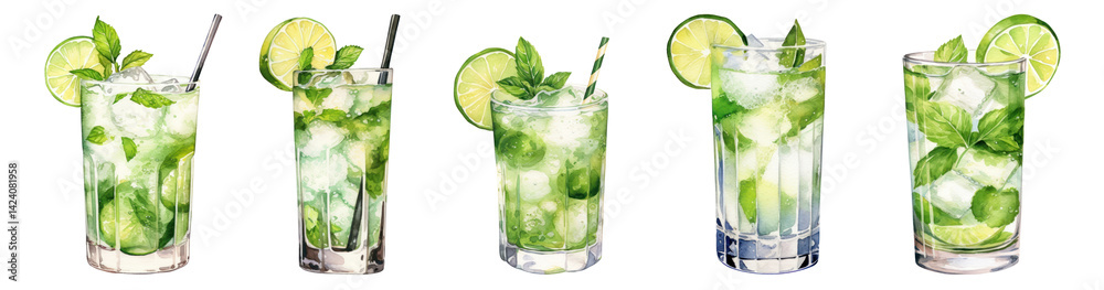 PNG Refreshing mojito cocktails with lime, element set on transparent background