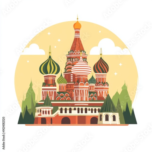 Iconic cathedral with vibrant onion domes and greenery in flat illustration photo