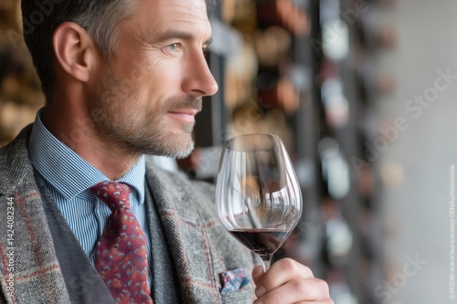 Sommelier observing glass of red wine in cellar