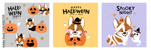 Happy halloween invitation card with cute corgi puppy and dog in party costumes. Animals holidays cartoon character. -Vector 
