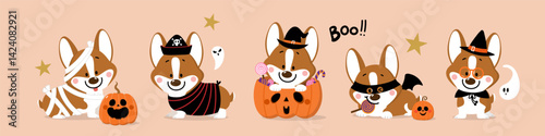 Happy halloween invitation card with cute corgi puppy and dog in party costumes. Animals holidays cartoon character. -Vector 