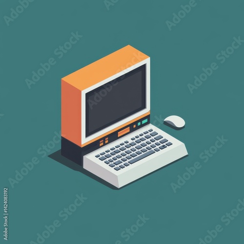 Vintage isometric orange computer with keyboard and mouse on teal background.