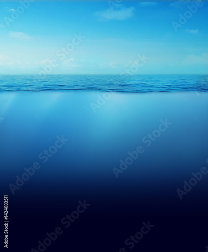 Transparent blue ocean background underwater, see the sea surface above and see the deep underwater.