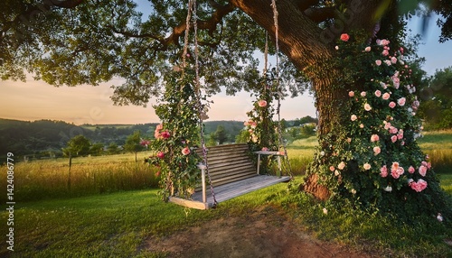 A wooden swing wrapped in vines and roses, gently swaying under a large tree in a serene countryside setting.