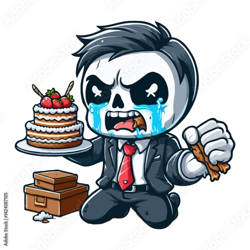Frustrated Skull Character with Cake and Bones