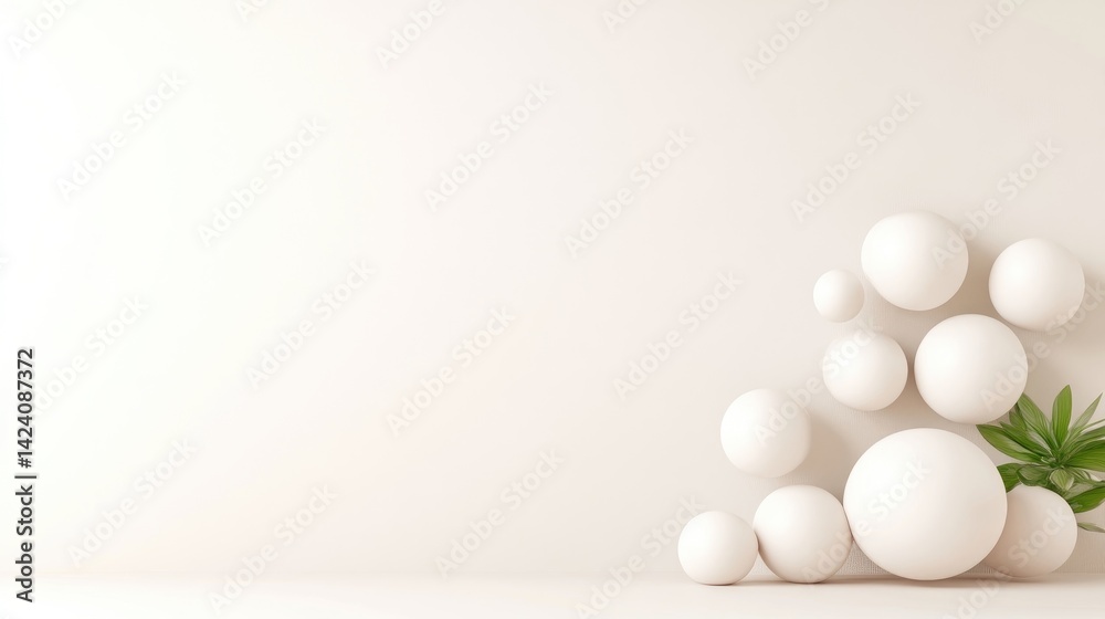 Minimalist backdrop with floating spheres and plant Minimalist backdrop with floating spheres and plant