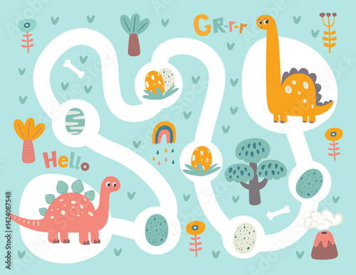 Find Path game with adorable dinosaur Dino Trail with Gifts Cute Reward Journey Maze for Preschoolers. Ideal for use in printable activity books, party games or early education materials.