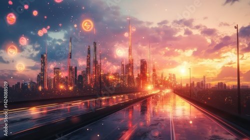 Abstract city built of glowing binary digits with a highway slicing through, digital tech realm