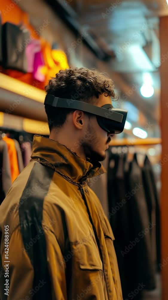 A man explores innovative virtual reality technology while shopping in a trendy clothing store while wearing a modern headset and fashionable outfit A man explores innovative virtual reality technology while shopping in a trendy clothing store while wearing a modern headset and fashionable outfit