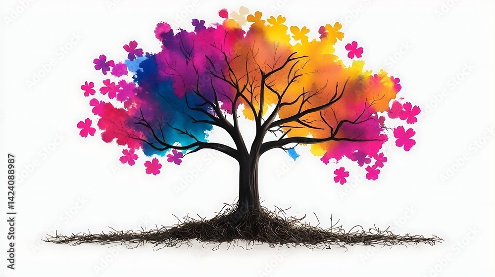 Obraz premium Vibrant Watercolor Tree of Life with Colorful Blossoms and Deep Roots Artistic Nature Illustration