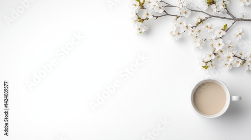 Springtime workspace, simple aesthetic.  Fresh blossoms and a comforting drink
