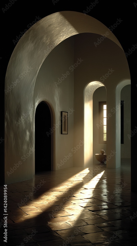 Obraz premium Arched hallway bathed in warm, patterned sunlight