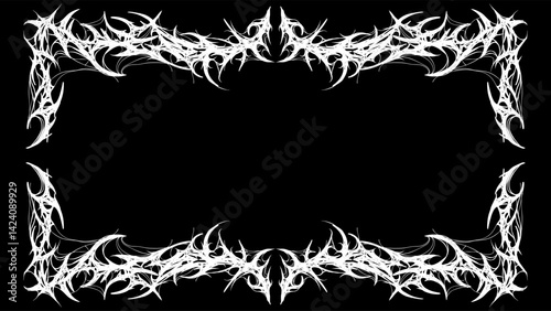 Cyber gothic Tribal frame design with sharp, symmetrical white thorns on black background, perfect for dark art and gothic projects