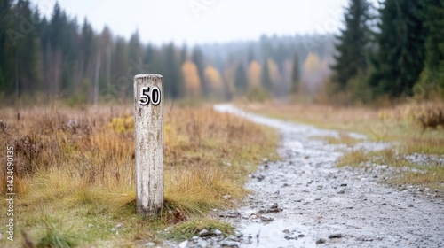 Forest path marker.  A weathered wooden post marks a trailhead in a misty autumn forest