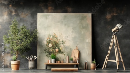 Rustic studio space with artwork and plants