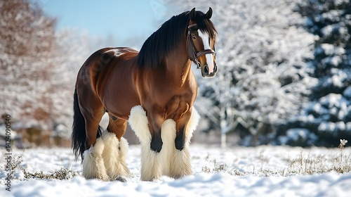 Clydesdale horse standing in a snowy field,