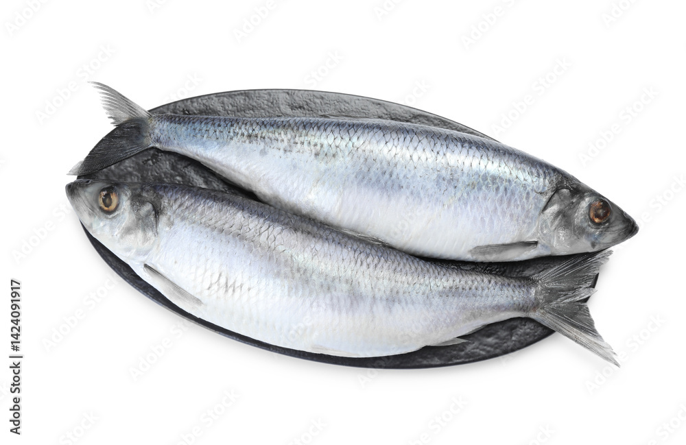 Salted herrings on white background, top view