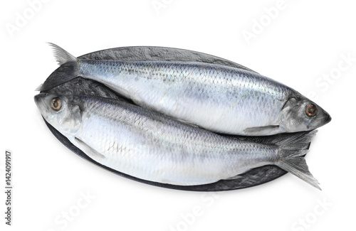 Salted herrings on white background, top view