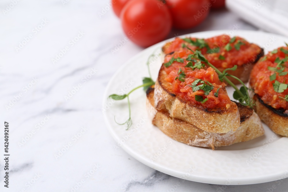 Tasty bread with tomatoes and parsley on white marble table, closeup. Space for text Tasty bread with tomatoes and parsley on white marble table, closeup. Space for text