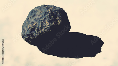 a rogue asteroid with a hollow core, drifting through space, casting long shadows as it spins through the void. Hollow Drift. Illustration