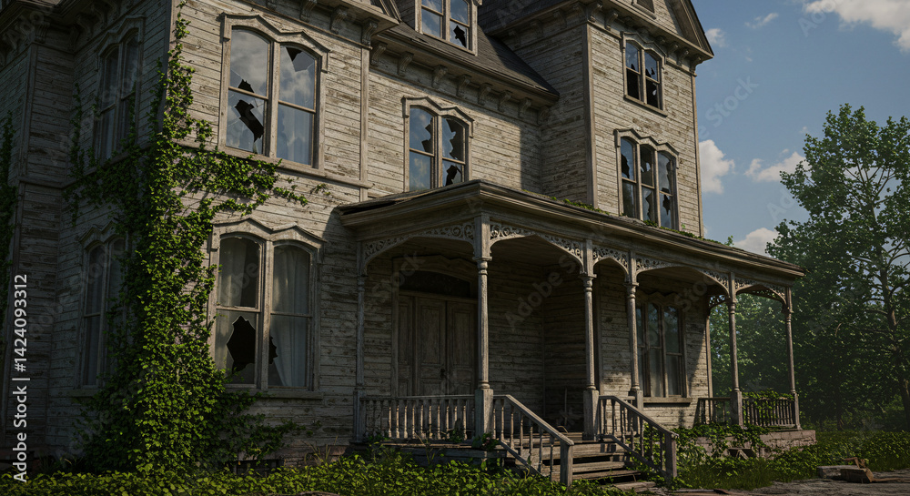 Fototapeta premium Weathered Abandoned Vintage House Exterior with Overgrown Ivy and Broken Windows in Daylight