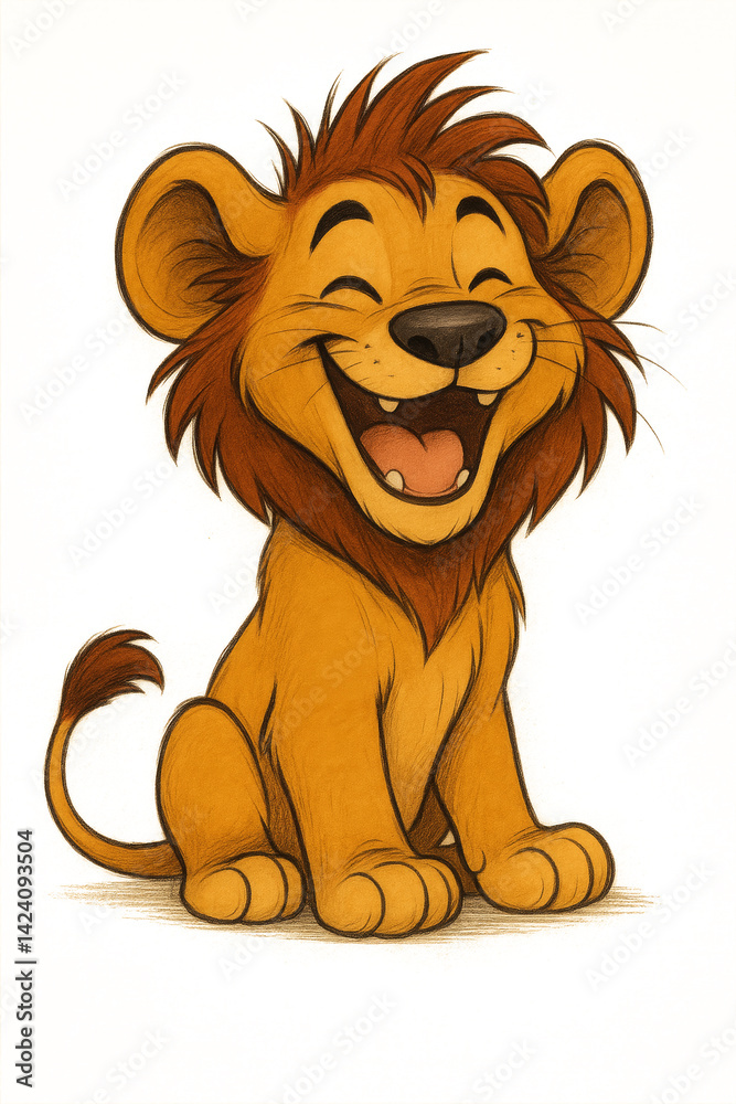 Adorable Cartoon Lion Cub Smiling Happily in Illustration Artwork