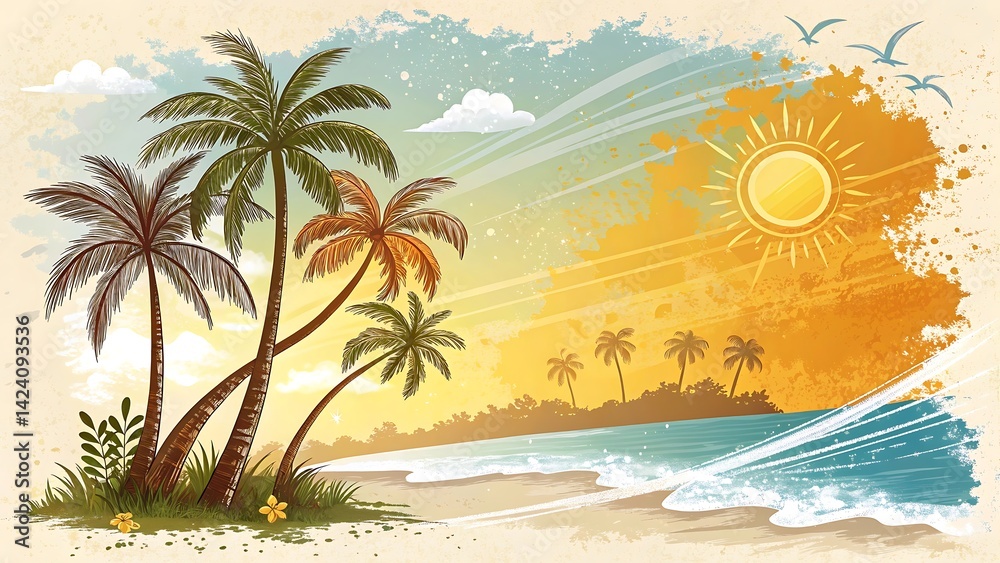 Obraz premium Tropical Paradise Watercolor: A vibrant watercolor painting captures a sun-drenched tropical beach scene, complete with swaying palm trees, a pristine shoreline, and the radiant sun.