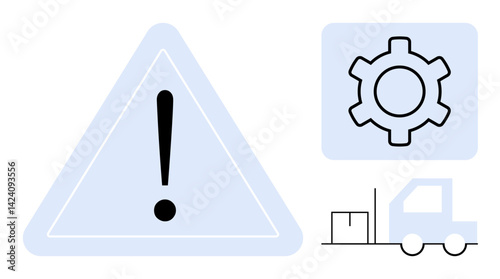 Large caution symbol, gear icon, and truck with cargo. Ideal for logistics, process management, risk, maintenance, supply chain, troubleshooting simple landing page