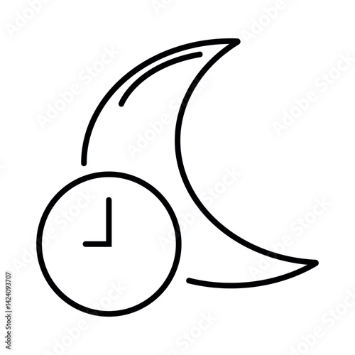 Night moon and running clock icon, night shift icon sign, night time mode, moon with clock line icon vector in trendy flat style illustration isolated on white background.