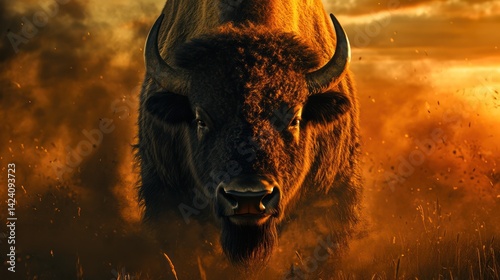 Bison charging, dramatic sunset background, wildlife action, nature scene, powerful animal, possible use for nature, wildlife, or environmental themes