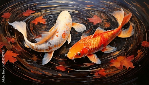 紅葉の中を泳ぐ鯉のアクリル絵の具風イラスト