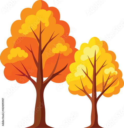 This vector art illustrates an isolated autumn tree silhouette with orange leaves, a design element representing the fall season in nature