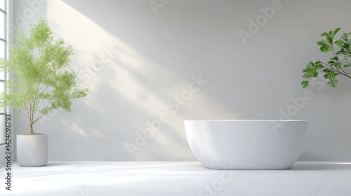 Modern Freestanding Bathtub with Plants Minimalist Style High-resolution Soft Lighting Centered Wide Shot Clean Lines Relaxing in Bathroom Bright White Tones Ideal for Home Decor Ads