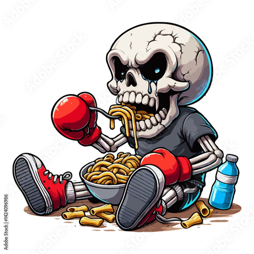 Hungry Skeleton Boxer Enjoying Noodles