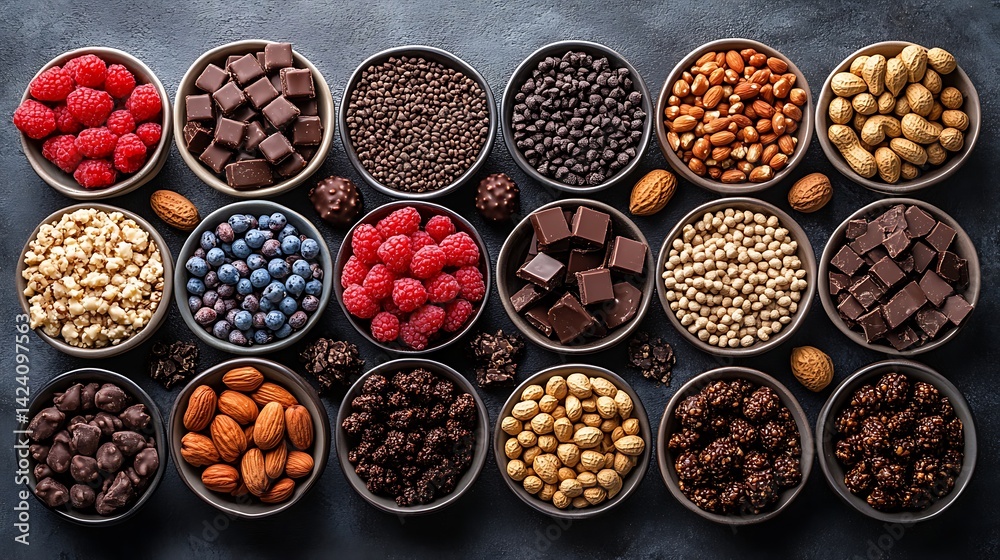 Fototapeta premium Assorted bowls filled with peanuts, chocolate, berries and sweet clusters. Colorful snack mix for National Peanut Cluster Day. Tasty, festive and perfect for sweet cravings