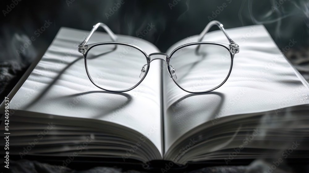 A book is open to a page with a pair of glasses on it A book is open to a page with a pair of glasses on it