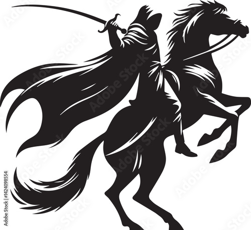 Silhouette of Medieval Warrior on Horse with Sword – Vector Art