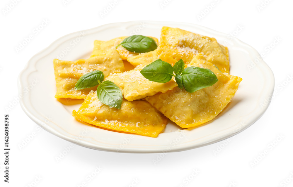 Delicious ravioli with cheese and basil on white background Delicious ravioli with cheese and basil on white background