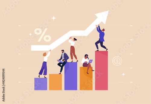 Business Success Concept. Vector cartoon illustration of a group of diverse people in business suits working on improving a financial chart by moving the arrow up. Isolated on background.