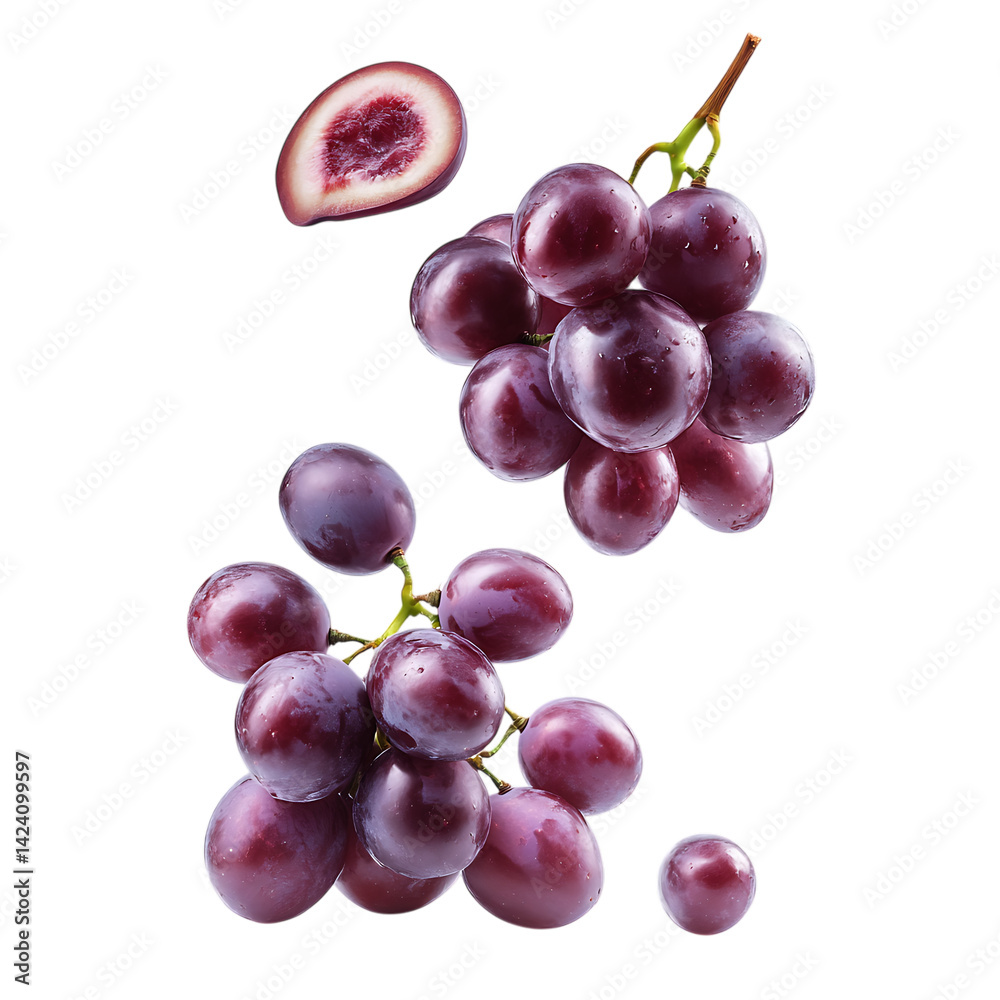 Obraz premium Grapes with half slice falling and floating png