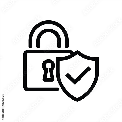 Padlock and Shield Icon with Checkmark – Cybersecurity, Privacy Protection, Data Encryption, Secure Access, Login Authentication Flat Vector Illustration