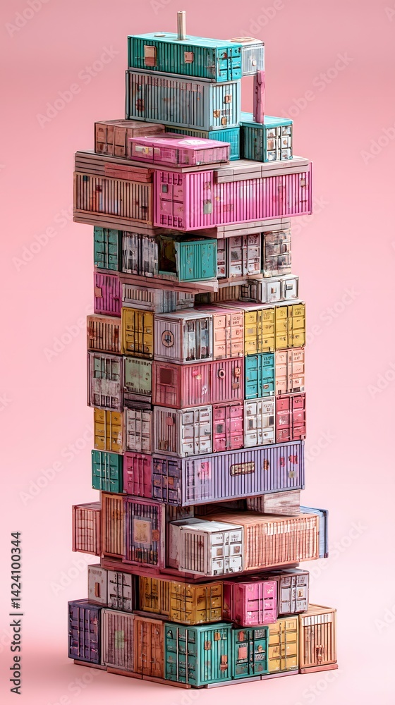 Obraz premium Stacked Shipping Containers Tower on Pink, Colorful Metal Freight Boxes, Isometric View