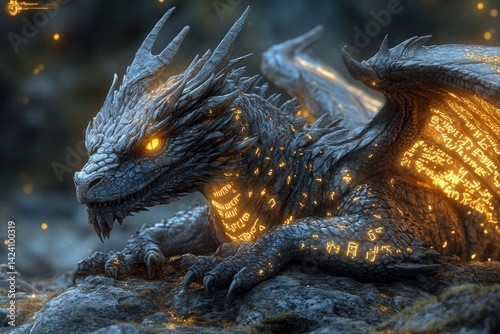 dragon born from myth, scales inscribed with ancient glowing alphabets photo