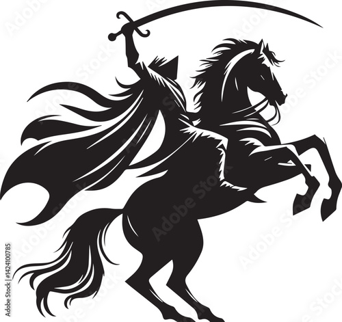 Silhouette of Medieval Warrior on Horse with Sword – Vector Art