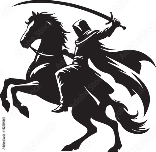Silhouette of Medieval Warrior on Horse with Sword – Vector Art