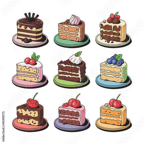 Colorful cartoon cake slices with various frostings and toppings like chocolate, whipped cream, cherries, strawberries, and blueberries. Sweet dessert icons.