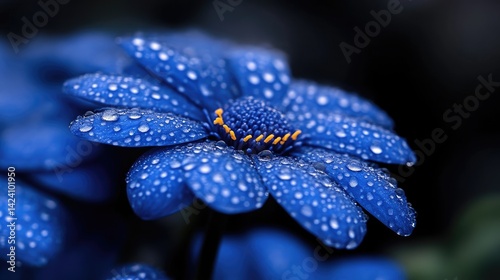 Close-up of a vibrant blue flower, detailed with water droplets